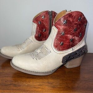Sterling River Cowboy Boots White Red Ankle Stars Western Americana Size 7.5